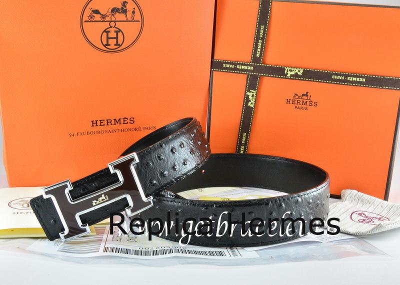 Fake High Quality Hermes Reversible Belt Black/Black Ostrich Stripe Leather With 18K Black Silver White Logo H Buckle