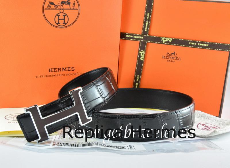 Hermes Reversible Belt Black/Black Crocodile Stripe Leather With18K Black Silver H Buckle Replica