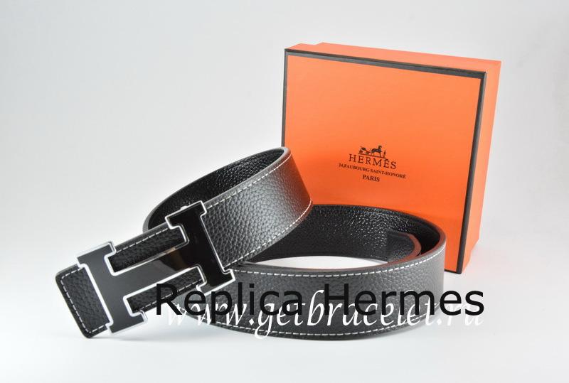 Imitation Hermes Reversible Belt Black/Black Togo Calfskin With 18k Black Silver H Buckle