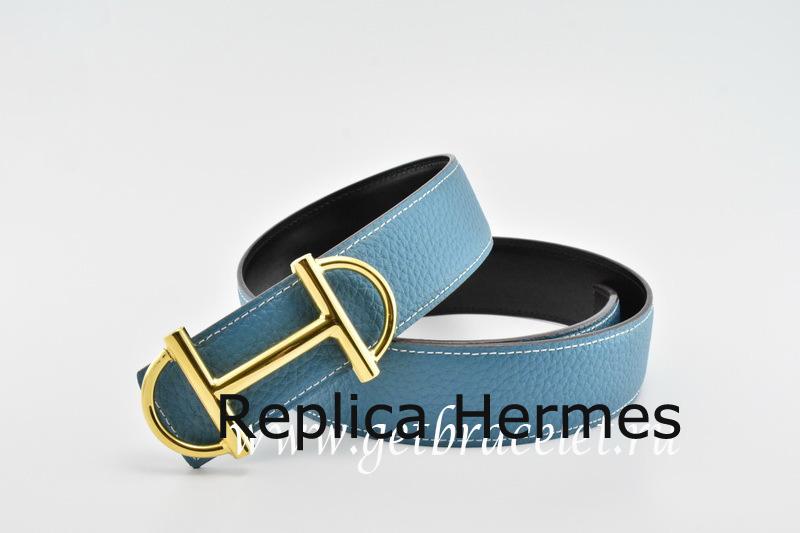 Hermes Reversible Belt Blue/Black Anchor Chain Togo Calfskin With 18k Gold Buckle