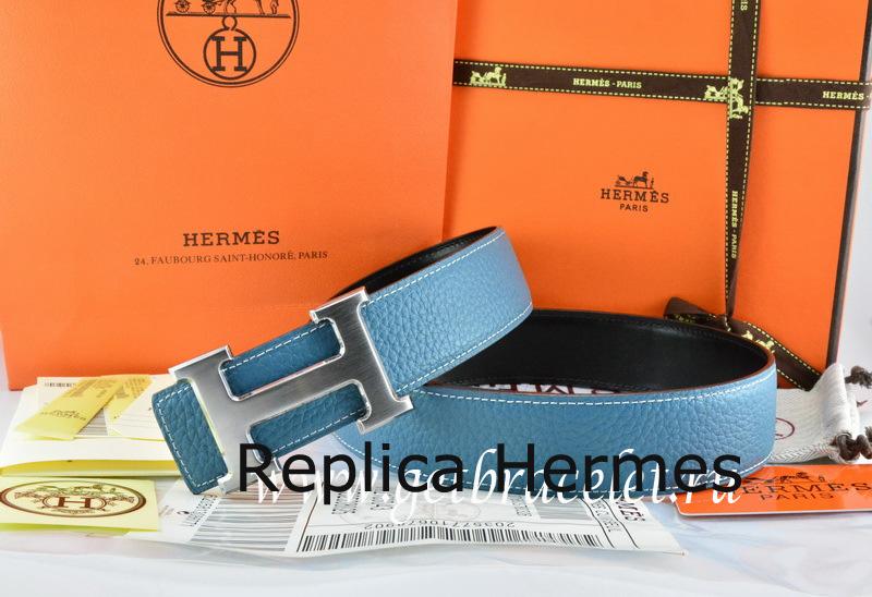Hermes Reversible Belt Blue/Black Togo Calfskin With 18k Drawbench Silver H Buckle