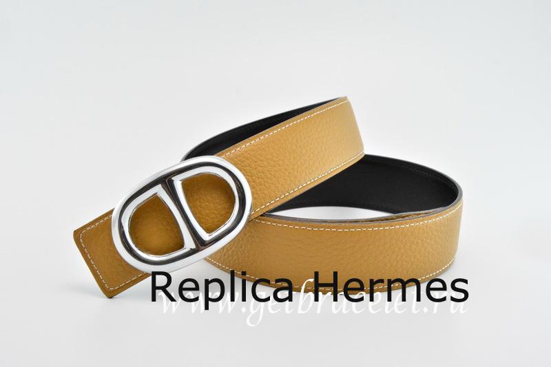 Fake 1:1 Hermes Reversible Belt Light/Coffee/Black Anchor Chain Togo Calfskin With 18k Silver Buckle