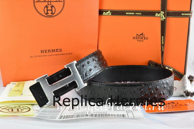 Hermes Reversible Belt Black/Black Ostrich Stripe Leather With 18K Drawbench Silver H Buckle Replica