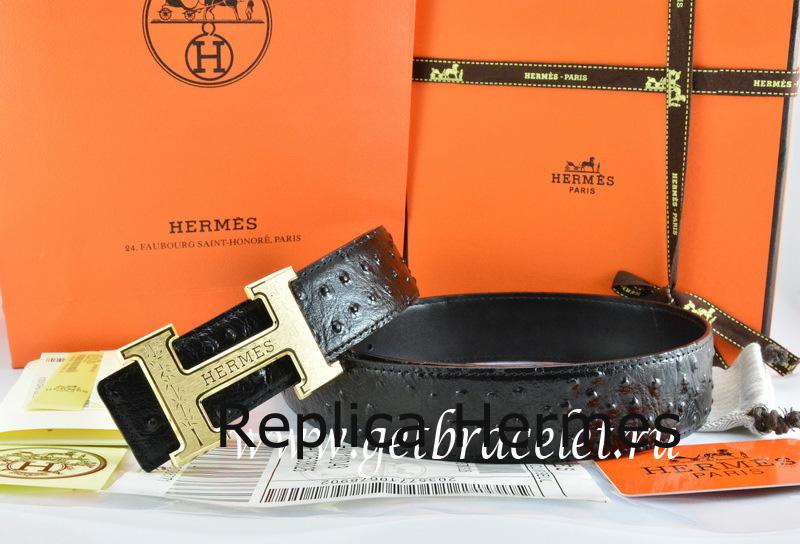 Replica Cheap Hermes Reversible Belt Black/Black Ostrich Stripe Leather With 18K Gold Bamboo Strip Logo H Buckle