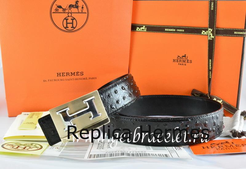 Hermes Reversible Belt Black/Black Ostrich Stripe Leather With 18K Gold Big H Buckle