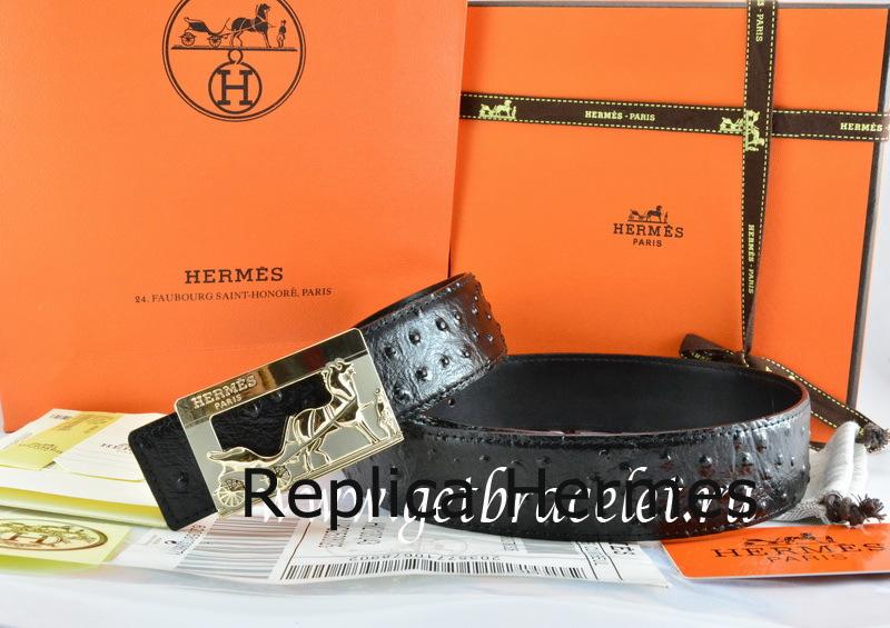 Replica AAA Hermes Reversible Belt Black/Black Ostrich Stripe Leather With 18K Gold Coach Buckle