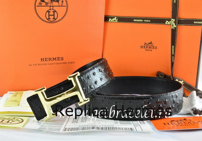 Hermes Reversible Belt Black/Black Ostrich Stripe Leather With 18K Gold Idem With Logo Buckle