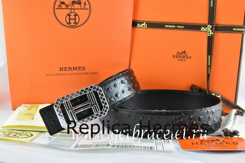 Hermes Reversible Belt Black/Black Ostrich Stripe Leather With 18K Silver Lace Strip H Buckle Replica