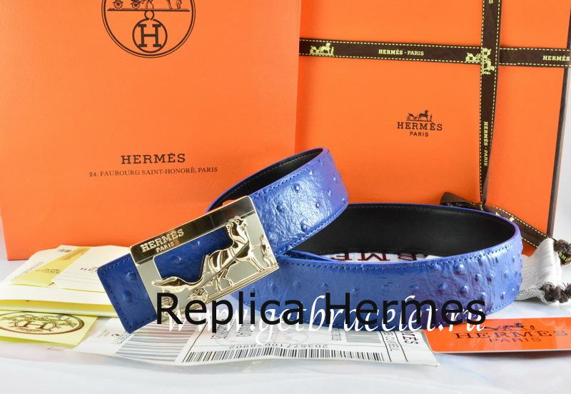 Hermes Reversible Belt Blue/Black Ostrich Stripe Leather With 18K Gold Coach Buckle Replica