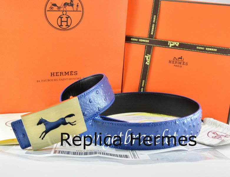 Hermes Reversible Belt Blue/Black Ostrich Stripe Leather With 18K Gold Hollow Horse Buckle