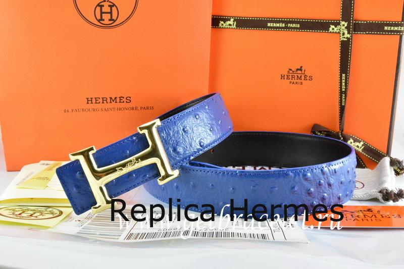 Designer Hermes Reversible Belt Blue/Black Ostrich Stripe Leather With 18K Gold Idem With Logo Buckle