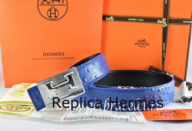 Copy Hermes Reversible Belt Blue/Black Ostrich Stripe Leather With 18K Silver Big H Buckle