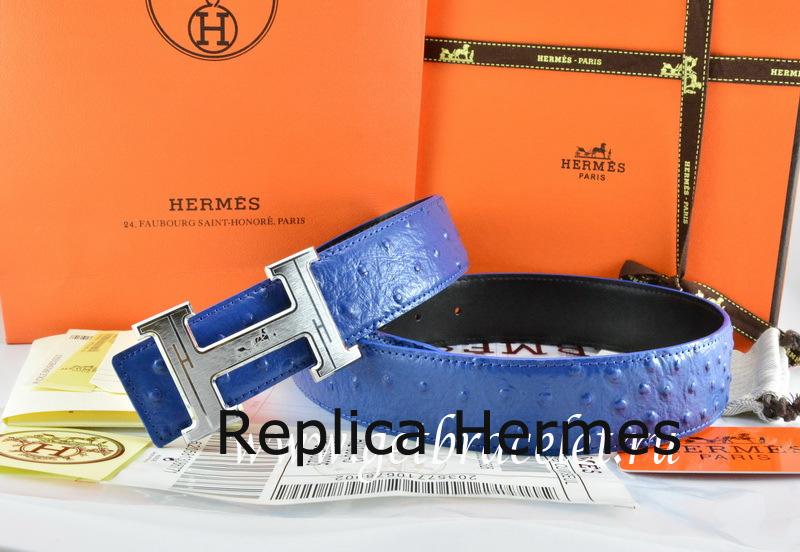 High Quality Hermes Reversible Belt Blue/Black Ostrich Stripe Leather With 18K Silver Geometric Stripe H Buckle
