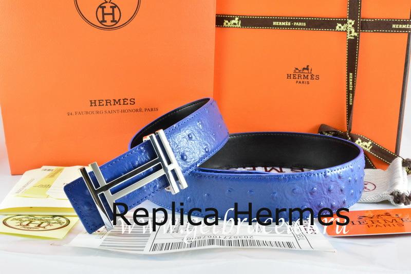Hermes Reversible Belt Blue/Black Ostrich Stripe Leather With 18K Silver H Au Carre Buckle