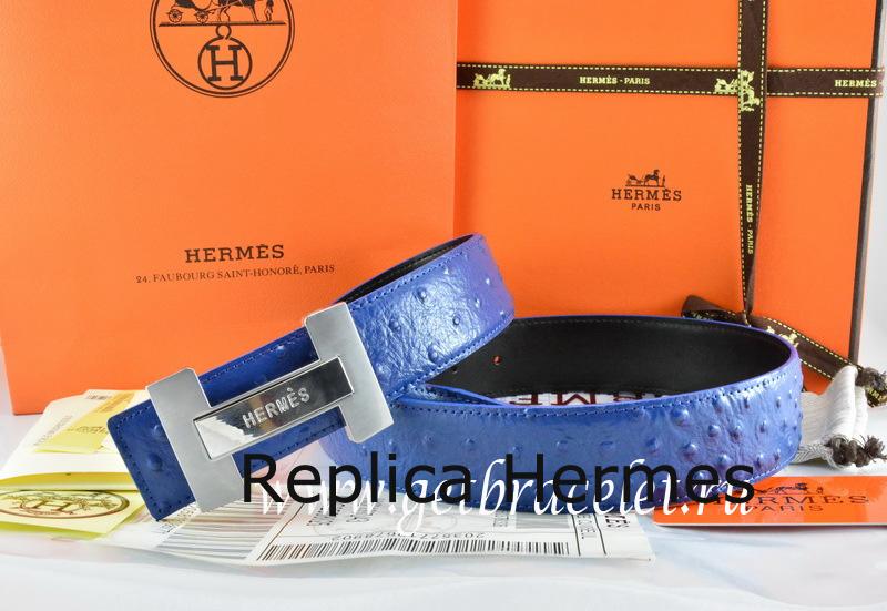 Hermes Reversible Belt Blue/Black Ostrich Stripe Leather With 18K Silver H Logo Buckle