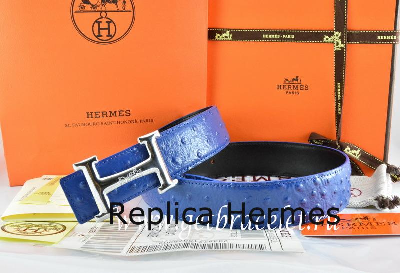 High End Imitation Hermes Reversible Belt Blue/Black Ostrich Stripe Leather With 18K Silver Idem With Logo Buckle