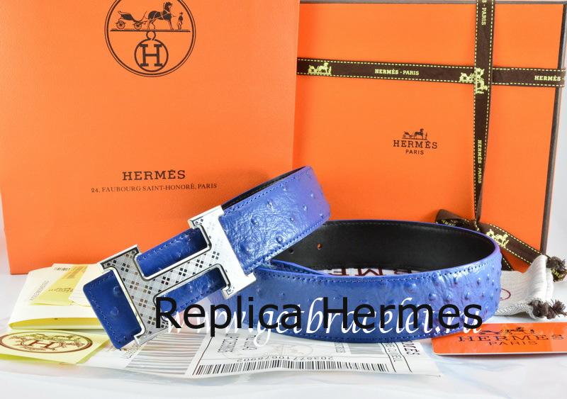 Hermes Reversible Belt Blue/Black Ostrich Stripe Leather With 18K Silver Spot Stripe H Buckle
