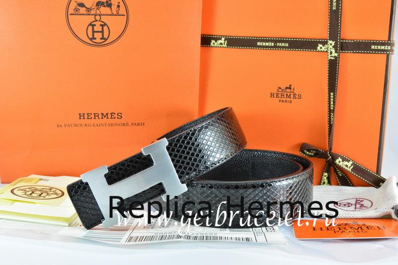 Replica Hermes Reversible Belt Black/Black Snake Stripe Leather With 18K Silver H Buckle