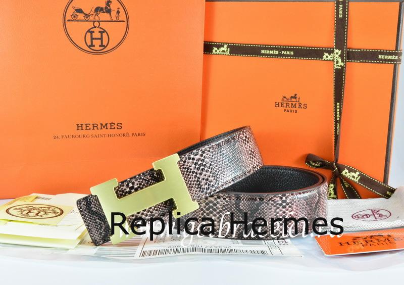 Hermes Reversible Belt Brown/Black Snake Stripe Leather With 18K Gold H Buckle