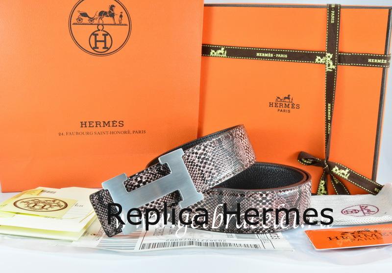 Copy Hermes Reversible Belt Brown/Black Snake Stripe Leather With 18K Silver H Buckle