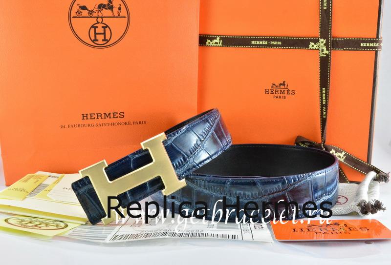 Replica Designer Hermes Reversible Belt Blue/Black Crocodile Stripe Leather With18K Drawbench Gold H Buckle