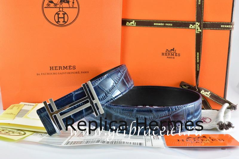 Luxury Imitation Hermes Reversible Belt Blue/Black Crocodile Stripe Leather With18K Silver H Au Carre Buckle