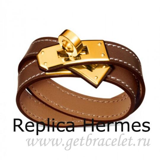 Top Replica Hermes Rivale Double Wrap Bracelet Brown With Gold