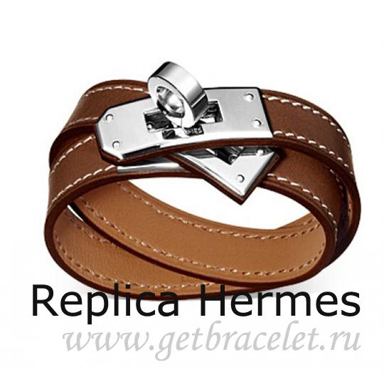 High End Imitation Hermes Rivale Double Wrap Bracelet Brown With Silver
