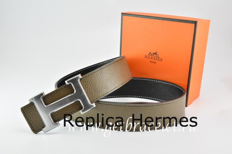 AAA Hermes Reversible Belt Light Gray/Black Togo Calfskin With 18k Drawbench Silver H Buckle
