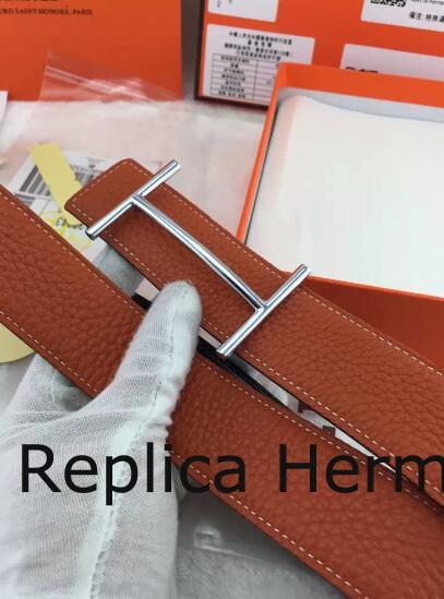 Fake Hermes Reversible Belt Orange Togo Calfskin With 18k Silver H Buckle