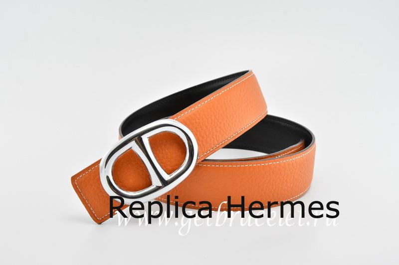 Hermes Reversible Belt Orange/Black Anchor Chain Togo Calfskin With 18k Silver Buckle Replica
