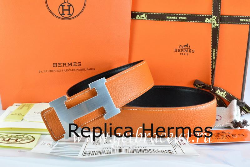 AAA Hermes Reversible Belt Orange/Black Togo Calfskin With 18k Silver H Buckle