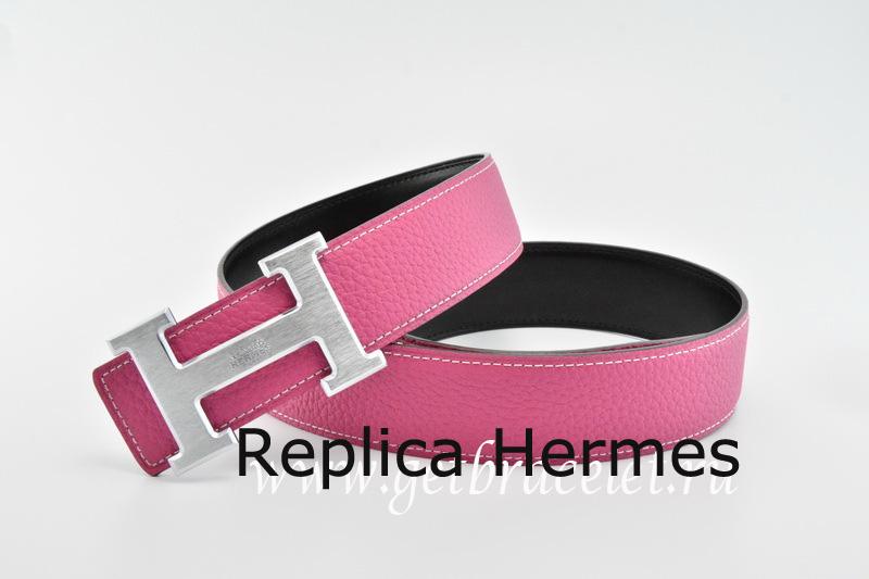 Hermes Reversible Belt Pink/Black Classics H Togo Calfskin With 18k Silver With Logo Buckle