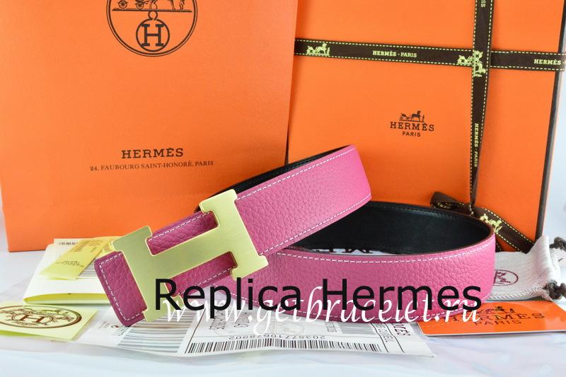 Faux High Quality Hermes Reversible Belt Pink/Black Togo Calfskin With 18k Gold H Buckle