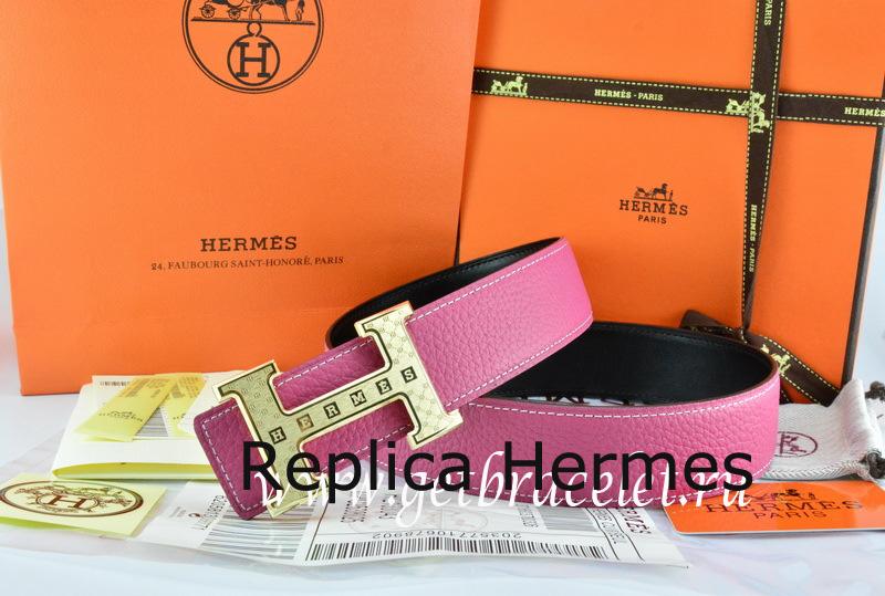 Imitation Hot Hermes Reversible Belt Pink/Black Togo Calfskin With 18k Gold Weave Stripe H Buckle