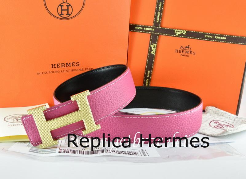 Replica Perfect Hermes Reversible Belt Pink/Black Togo Calfskin With 18k Silver Wave Stripe H Buckle