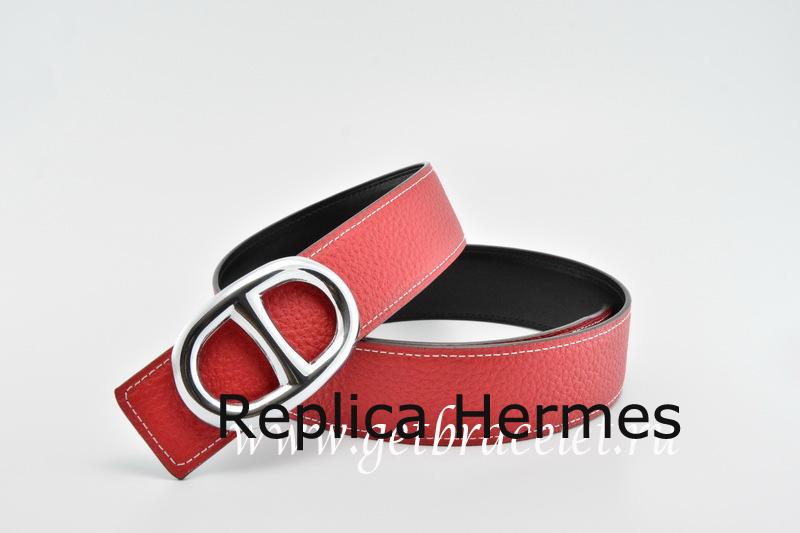 Replica Hermes Reversible Belt Red/Black Anchor Chain Togo Calfskin With 18k Silver Buckle