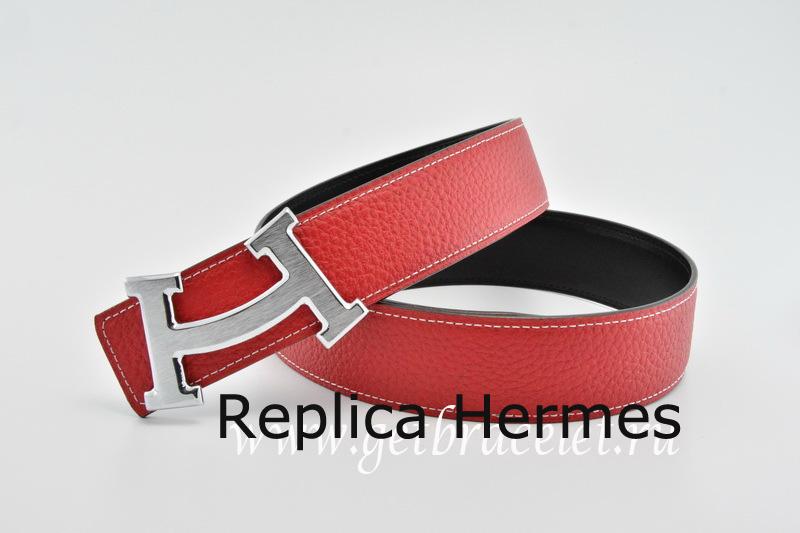Faux Hermes Reversible Belt Red/Black Fashion H Togo Calfskin With 18k Silver Buckle
