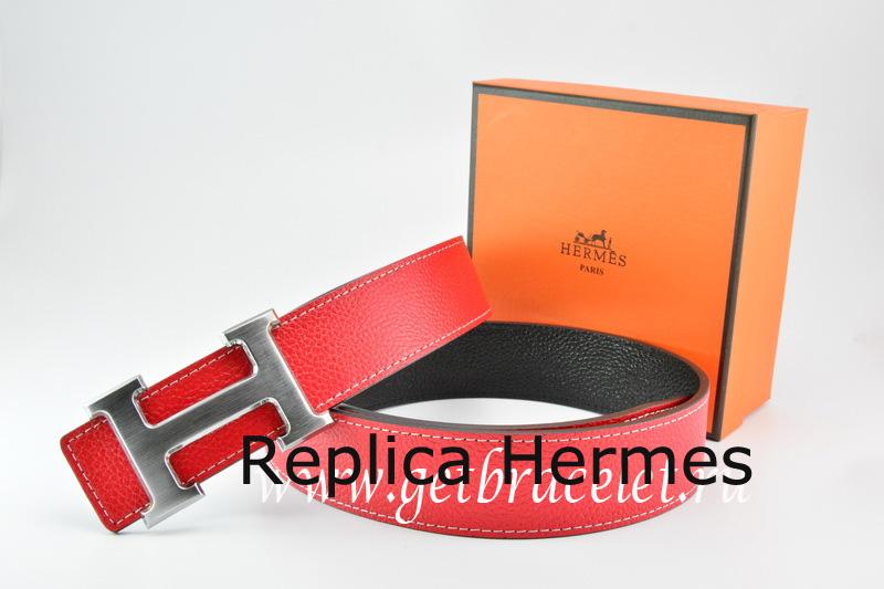 Hermes Reversible Belt Red/Black Togo Calfskin With 18k Drawbench Silver H Buckle