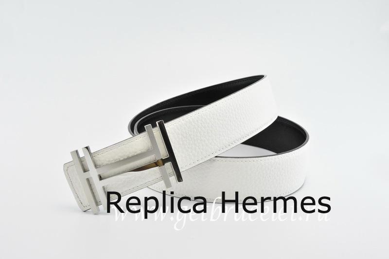Hermes Reversible Belt White/Black H Au Carre Togo Calfskin With 18k Silver Buckle