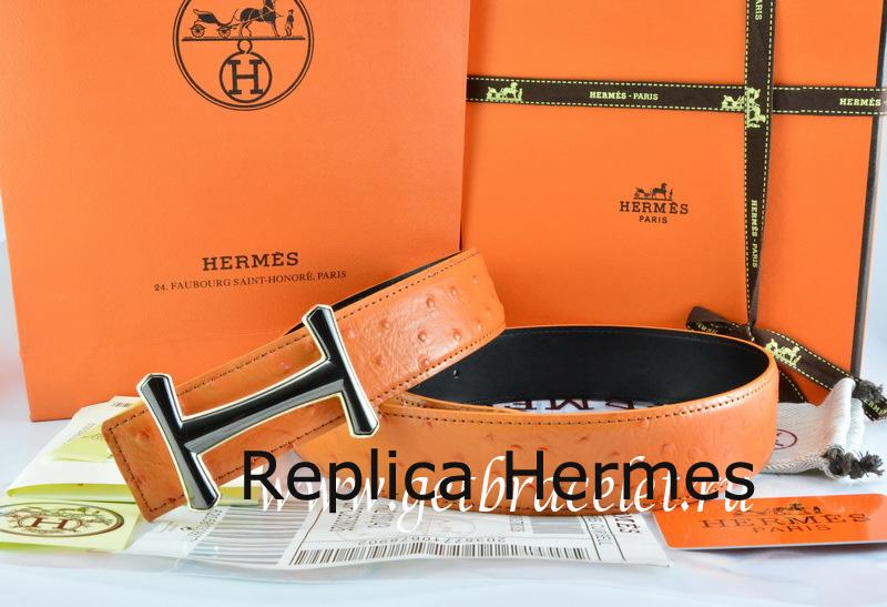 Luxury Faux Hermes Reversible Belt Orange/Black Ostrich Stripe Leather With 18K Black Gold Idem Buckle