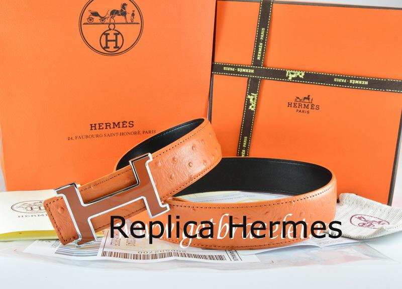 Discount Hermes Reversible Belt Orange/Black Ostrich Stripe Leather With 18K Brown Silver Narrow H Buckle