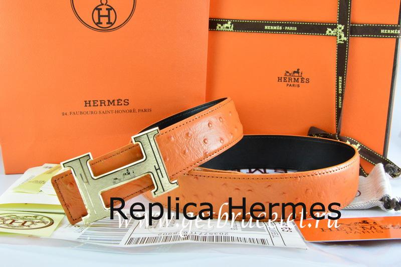 Fake Cheap Hermes Reversible Belt Orange/Black Ostrich Stripe Leather With 18K Gold Geometric Stripe H Buckle