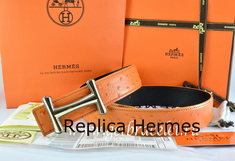 Hermes Reversible Belt Orange/Black Ostrich Stripe Leather With 18K Gold Idem Buckle Replica