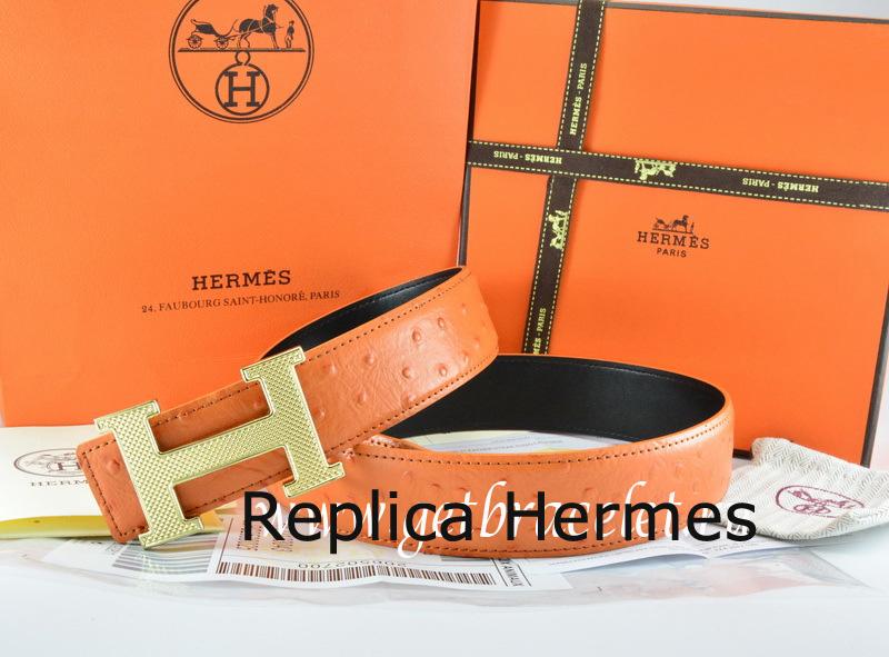 Faux Hermes Reversible Belt Orange/Black Ostrich Stripe Leather With 18K Gold Wave Stripe H Buckle