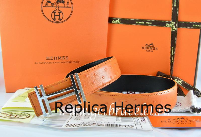 Fashion Hermes Reversible Belt Orange/Black Ostrich Stripe Leather With 18K Silver H Au Carre Buckle
