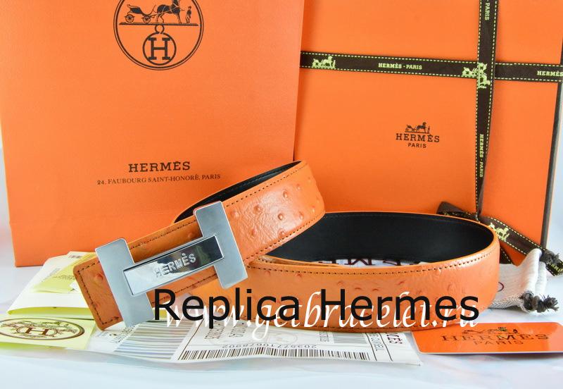AAA Hermes Reversible Belt Orange/Black Ostrich Stripe Leather With 18K Silver H Logo Buckle