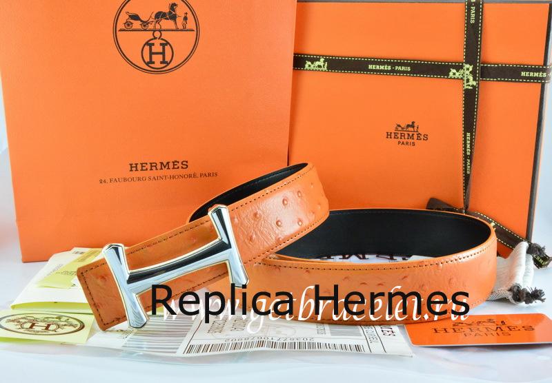Fake Hermes Reversible Belt Orange/Black Ostrich Stripe Leather With 18K Silver Idem Buckle