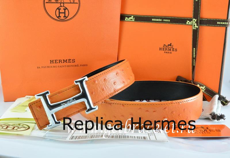 Best Cheap Hermes Reversible Belt Orange/Black Ostrich Stripe Leather With 18K Silver Idem With Logo Buckle