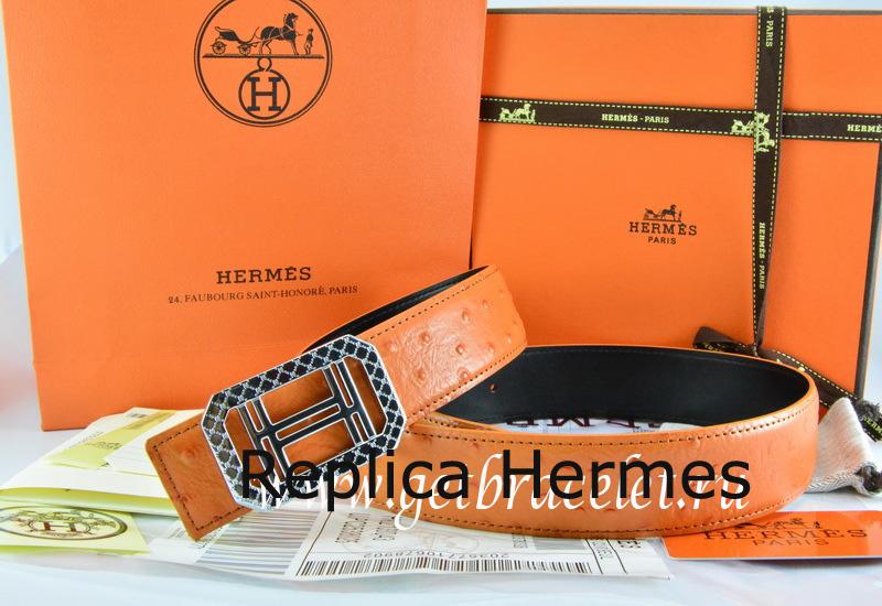 Replica Hermes Reversible Belt Orange/Black Ostrich Stripe Leather With 18K Silver Lace Strip H Buckle